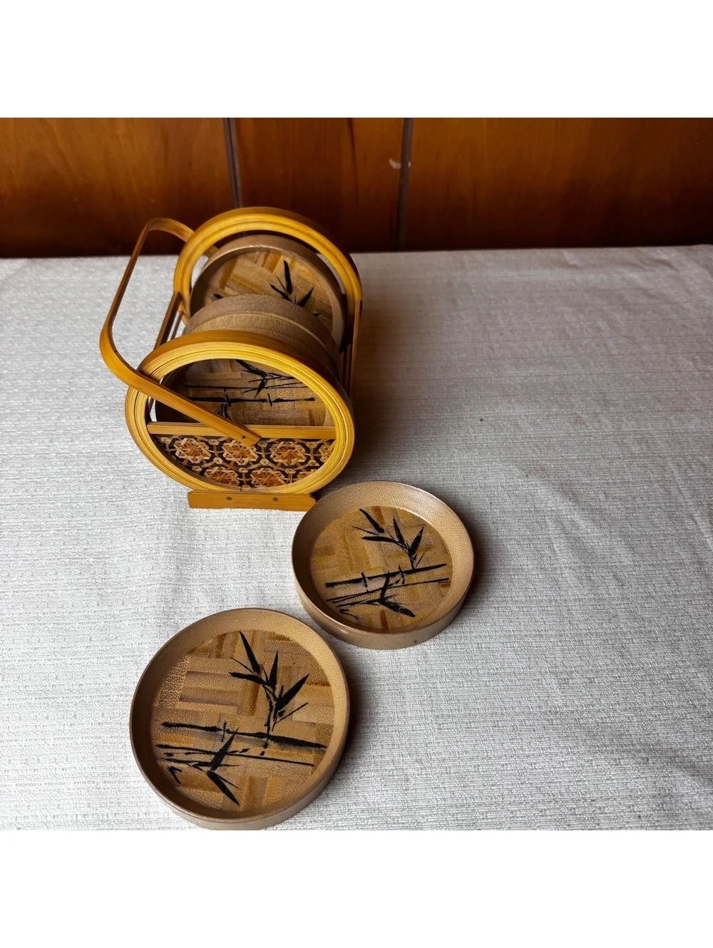 Vintage Bamboo Coaster Set of 6 With Handled Holder Asian Bamboo Design